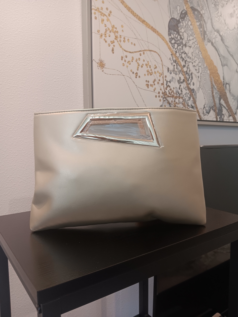 & Other Stories Pearl Cream Metallic Clutch with Silver Trim